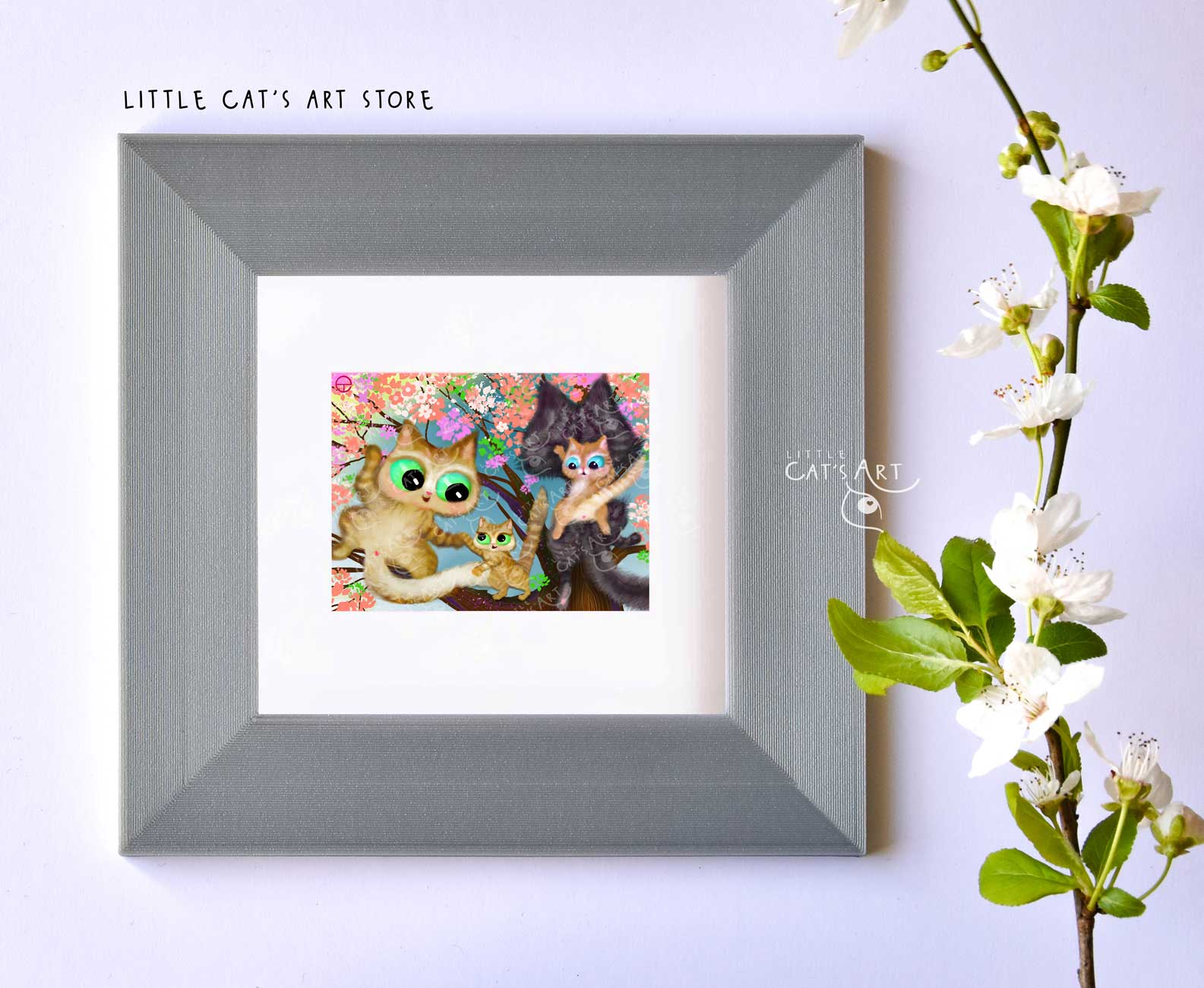 Happy cat family climbing on spring tree print in silver frame