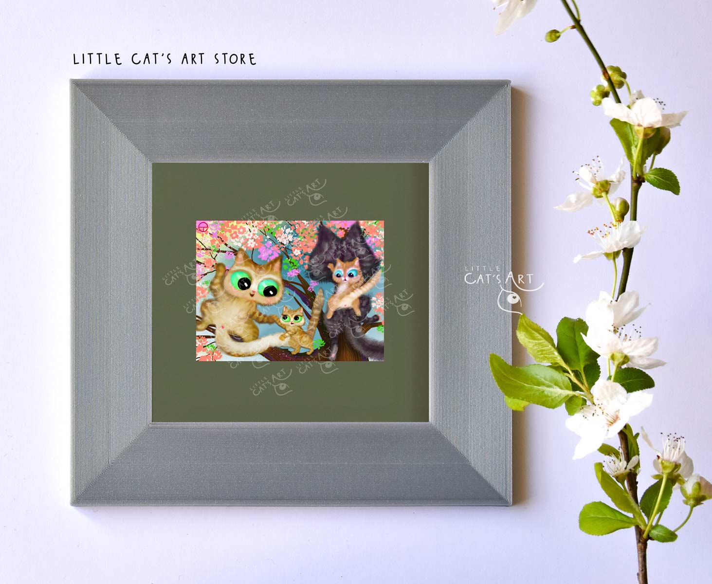 Happy cat family climbing on spring tree print in silver frame