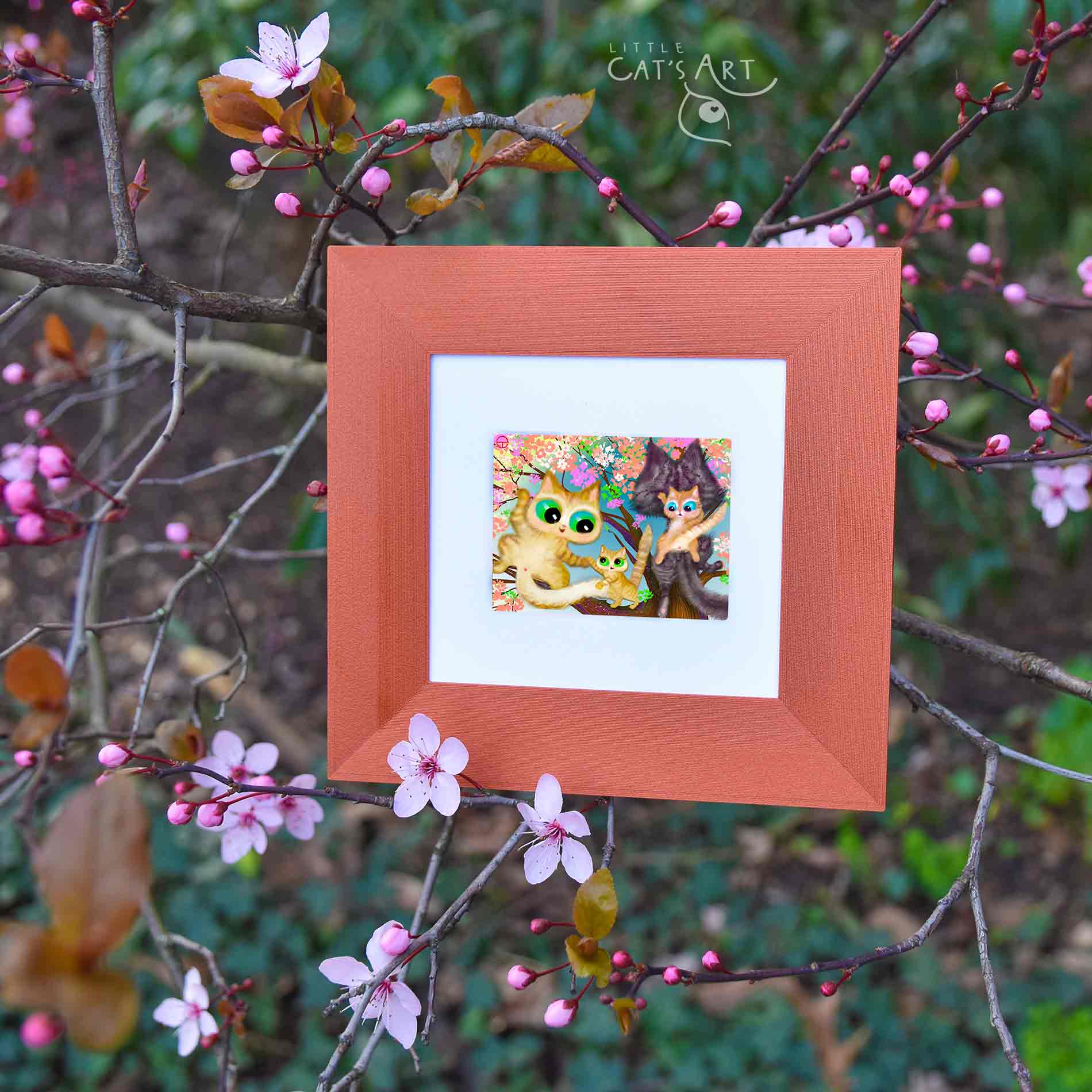 Happy cat family climbing on spring tree exercise