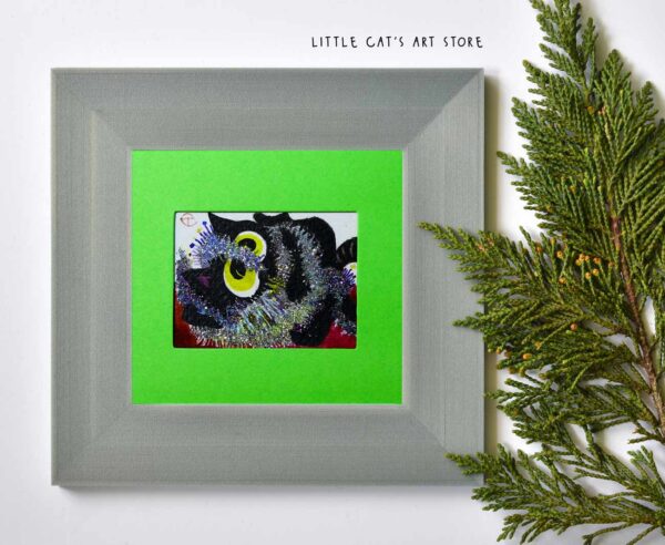 Naughty Black cat playing with a Christmas garland painting