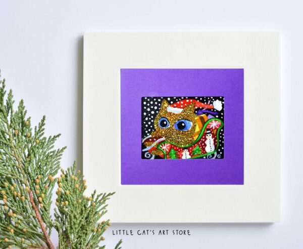 Santa's sleigh Cat Christmas shiny painting
