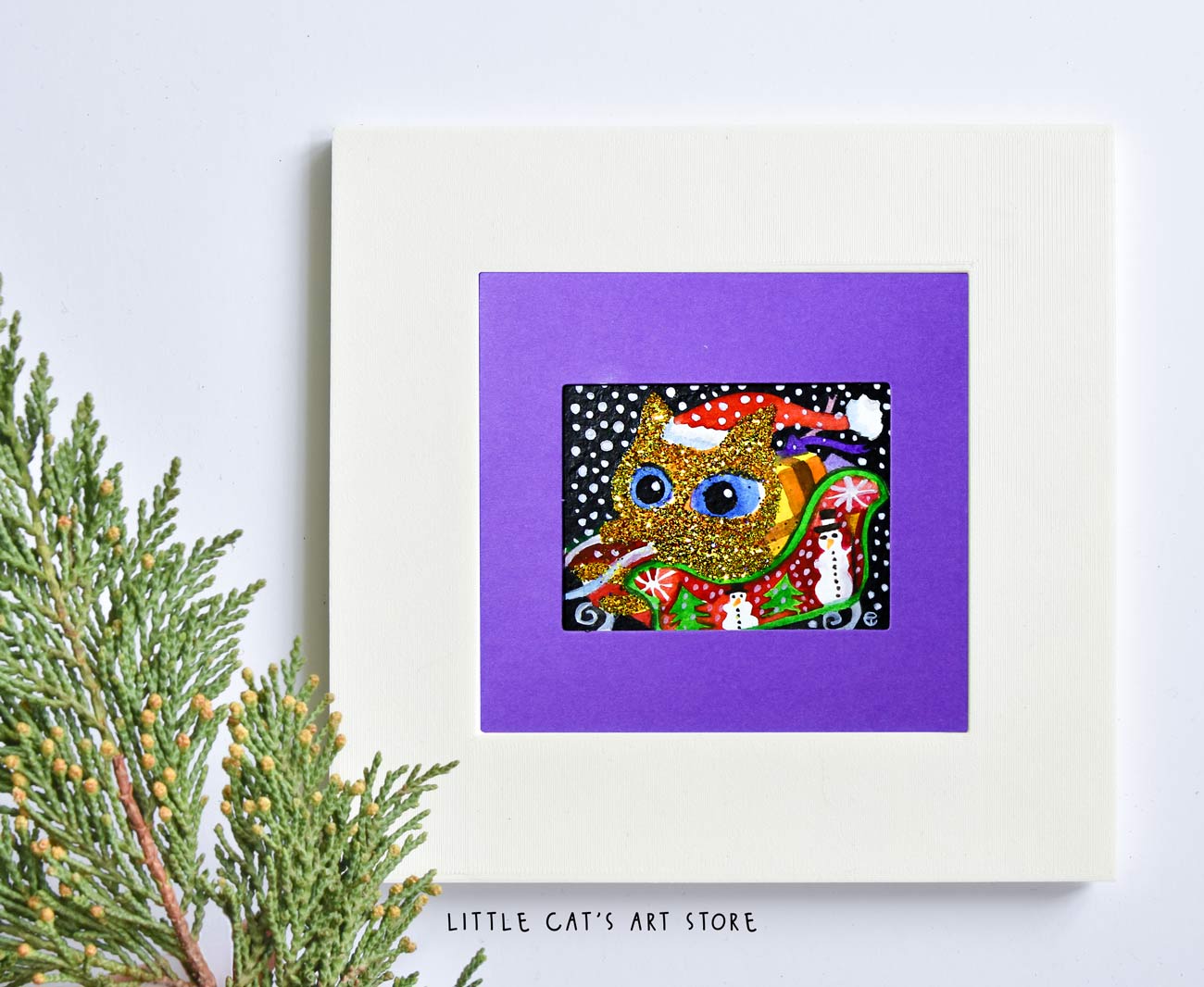 Santa's sleigh Cat Christmas shiny painting