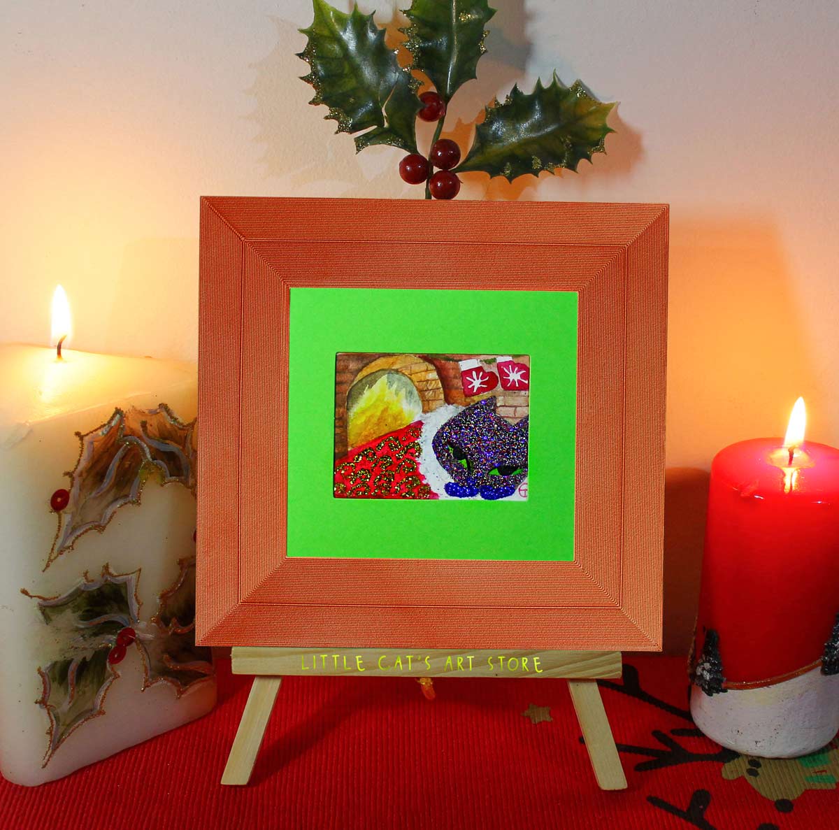 Sleepy cat Christmas cozy home painting