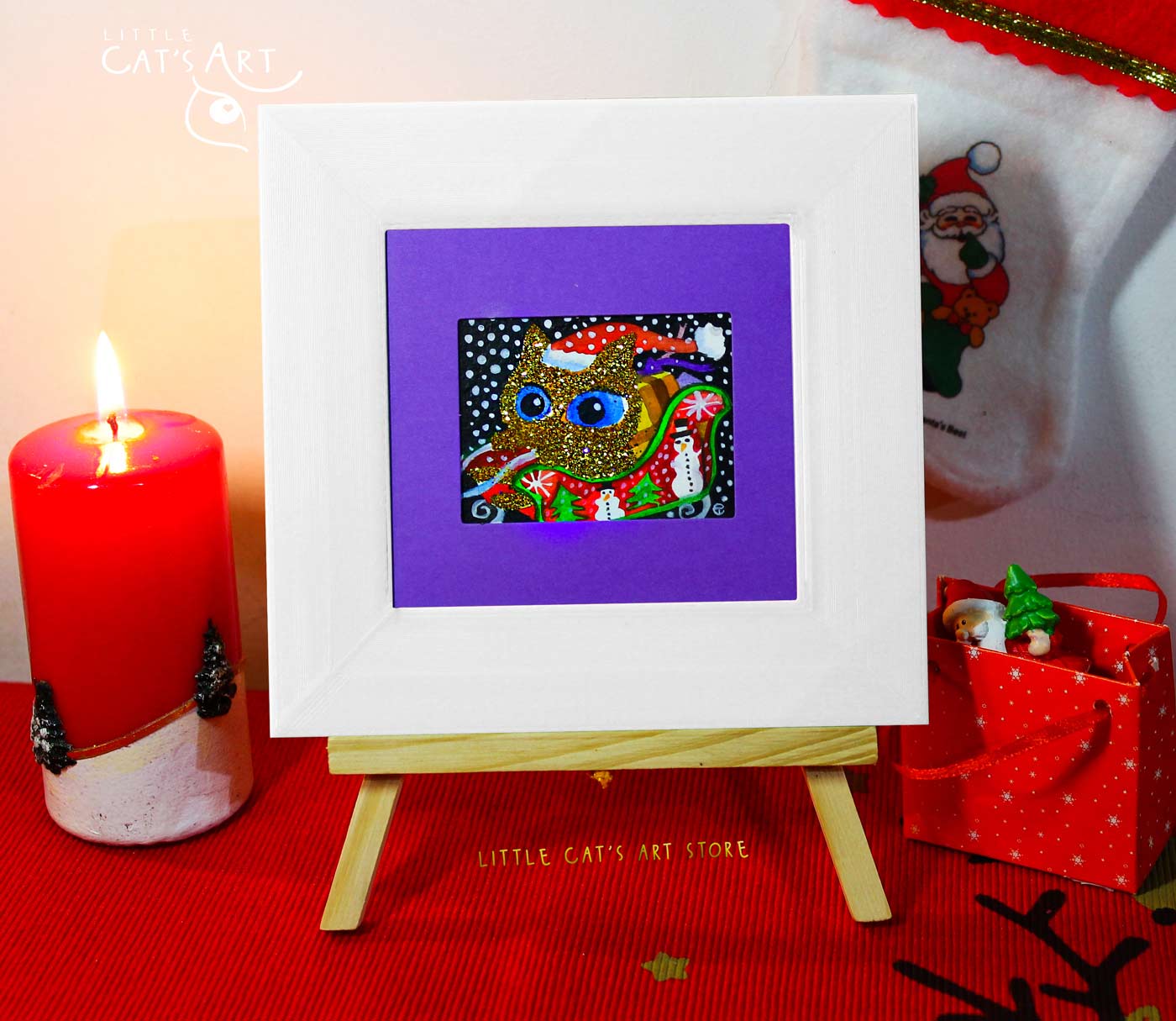 Santa's sleigh Cat Christmas shiny painting