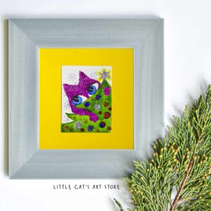 Kitty peeking behind a Christmas tree painting
