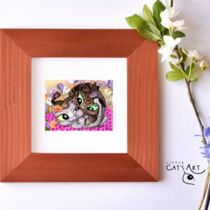 Heart shape cuddling cats couple painting print in copper frame
