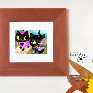 Black cat couple having a "Fish and flowers" date in London