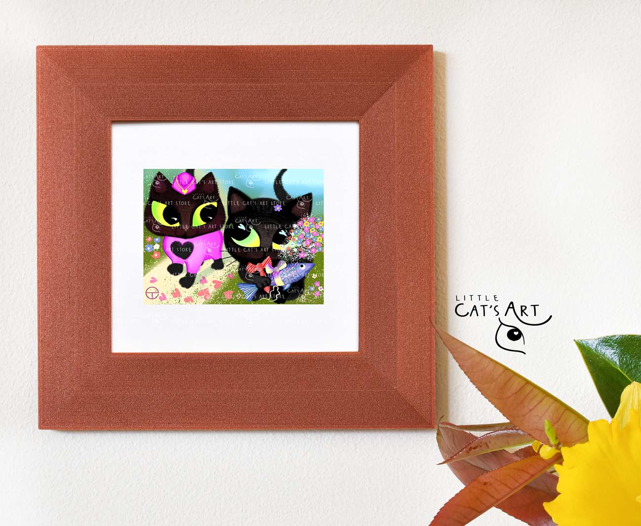 Black cat couple having a "Fish and flowers" date in London