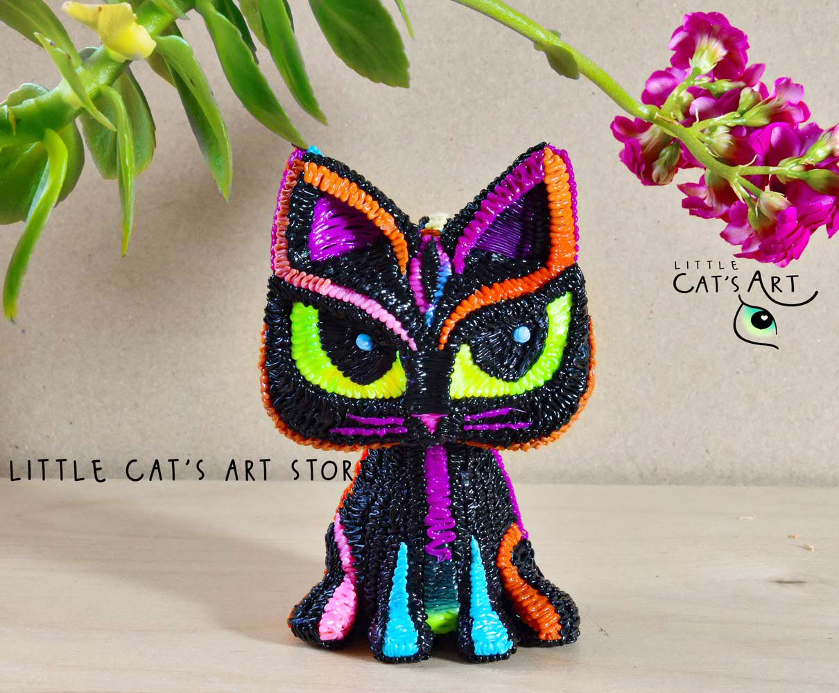 Black cat with neon cyber palette