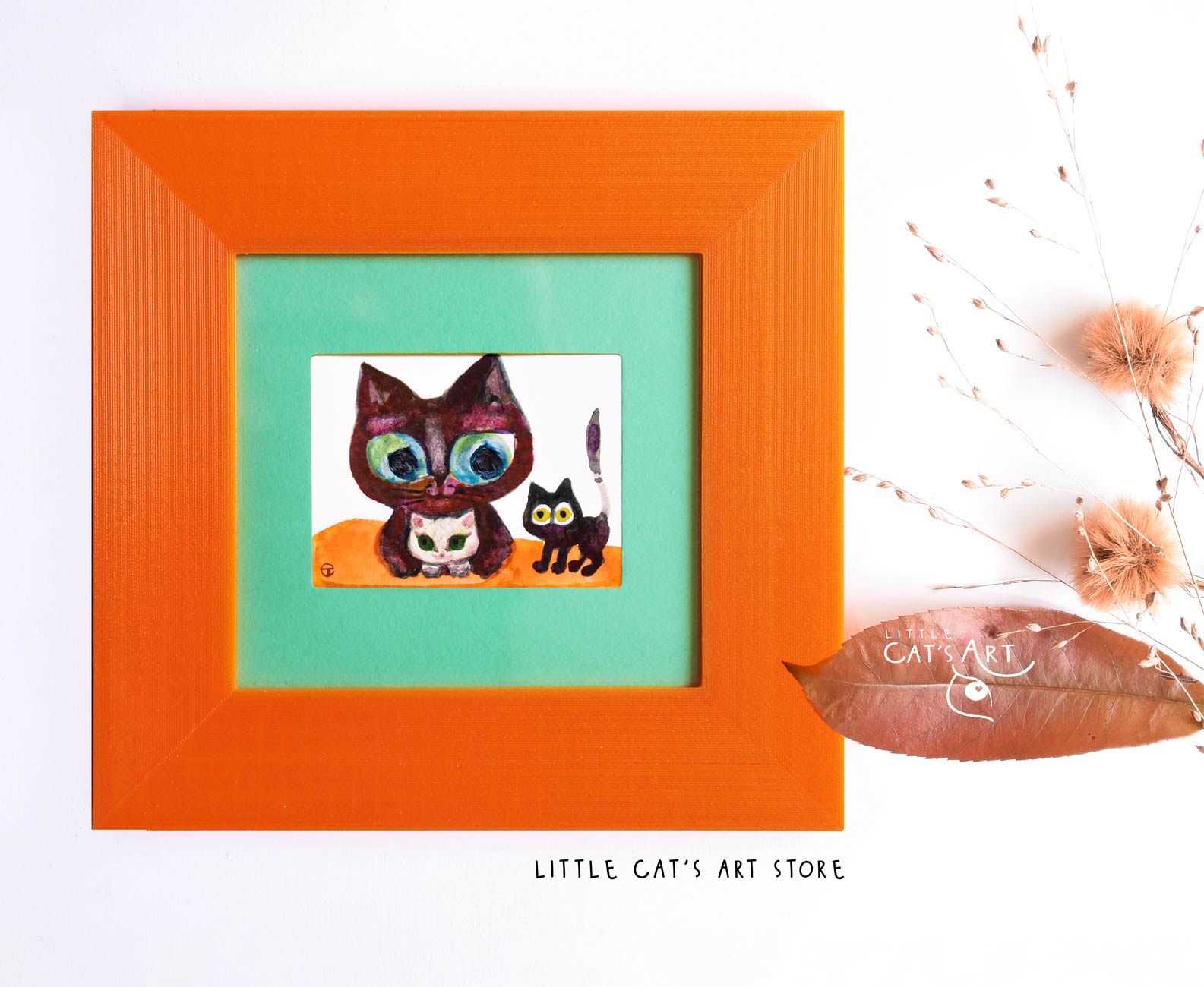 Red cat mom with her white and black baby kittens watercolour