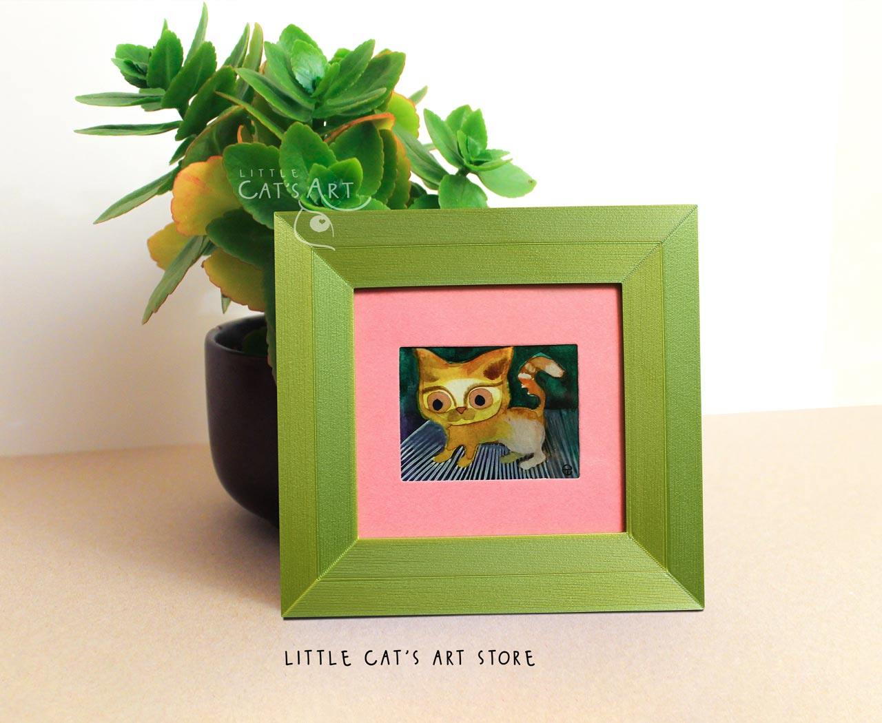 Watercolour Ginger cat portrait in 3D printed frame