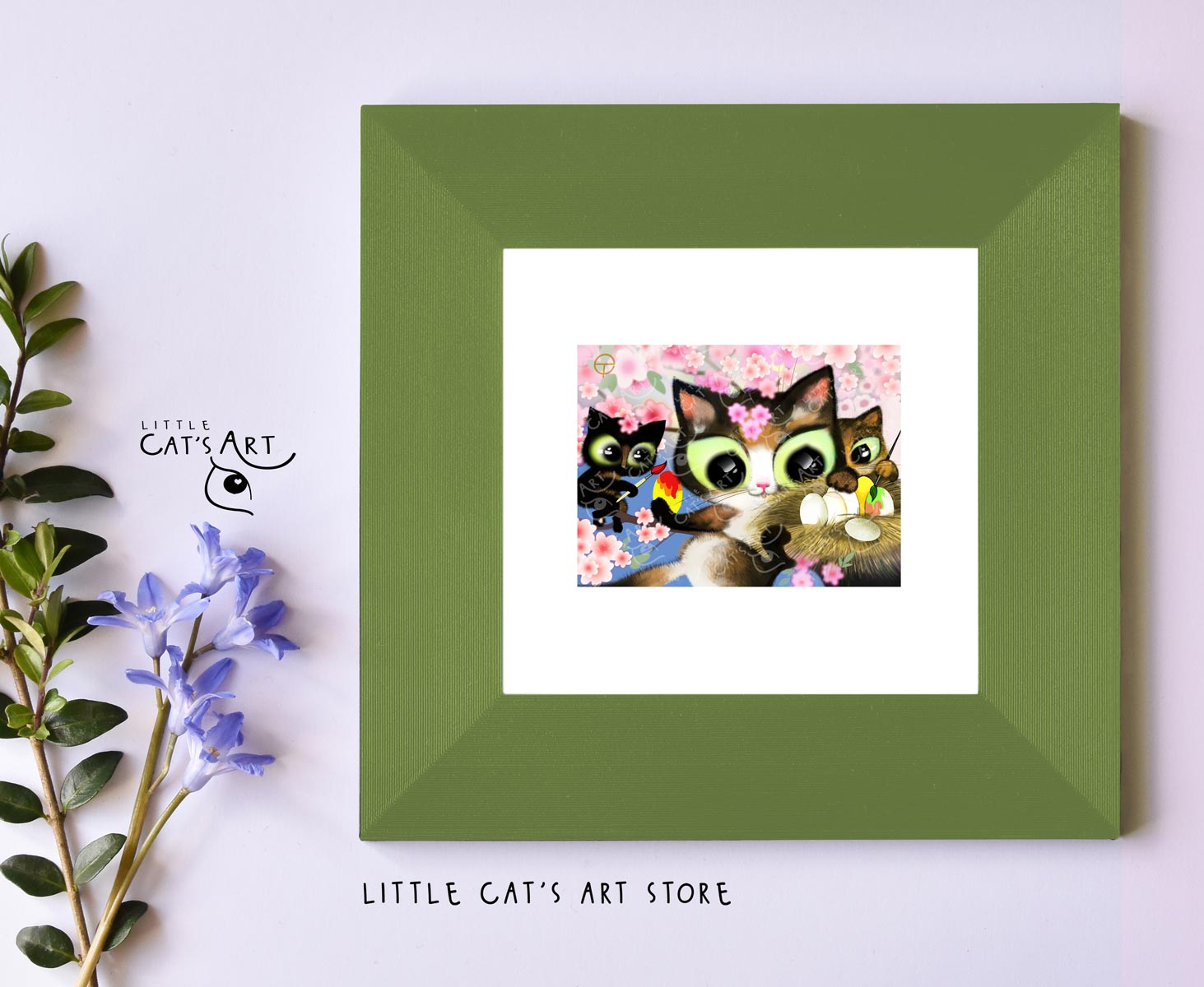 Easter cats family paint eggs on a blossom spring tree
