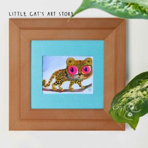Leopard with pink eyes walking along tree branch painting