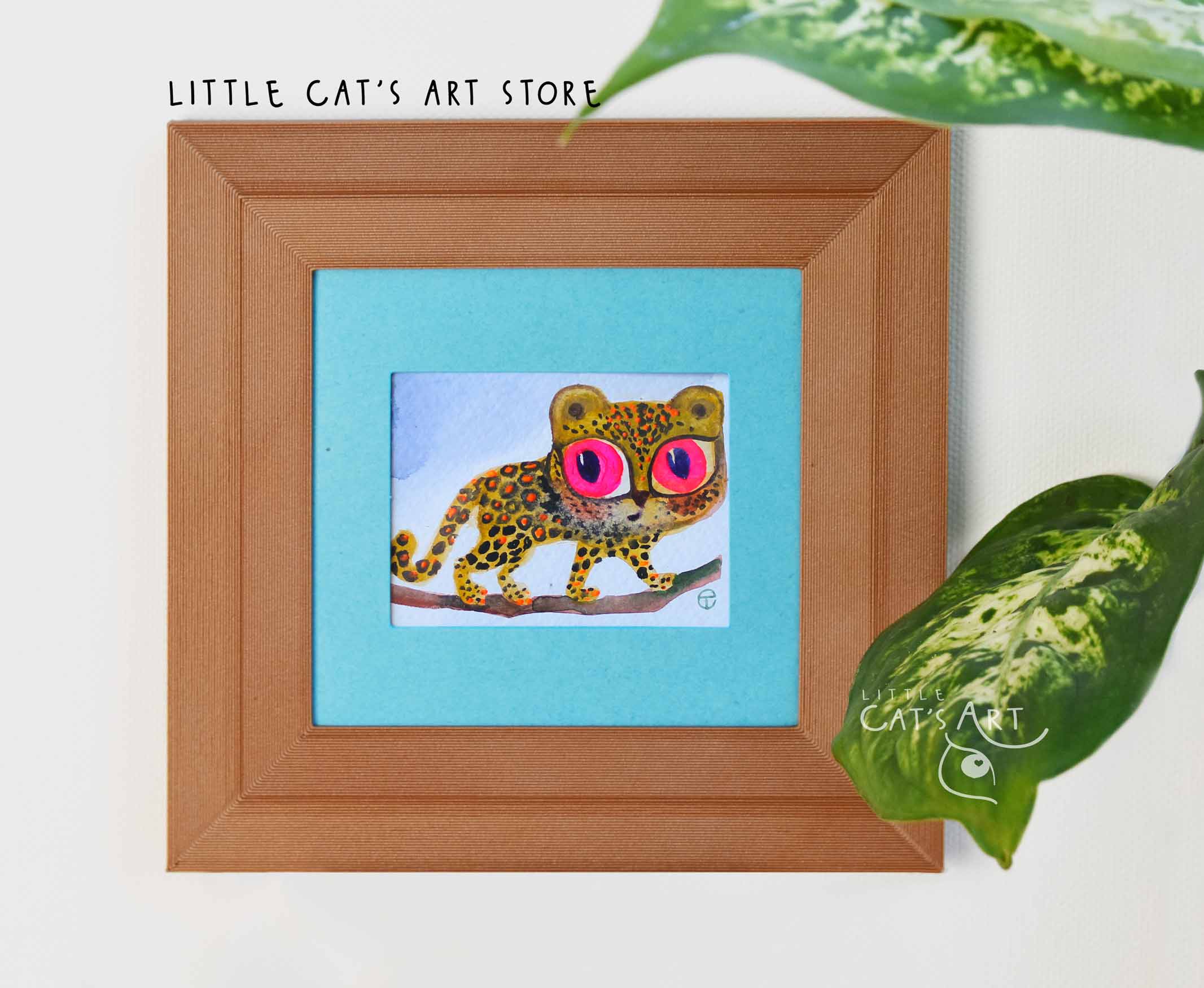 Leopard with pink eyes walking along tree branch painting