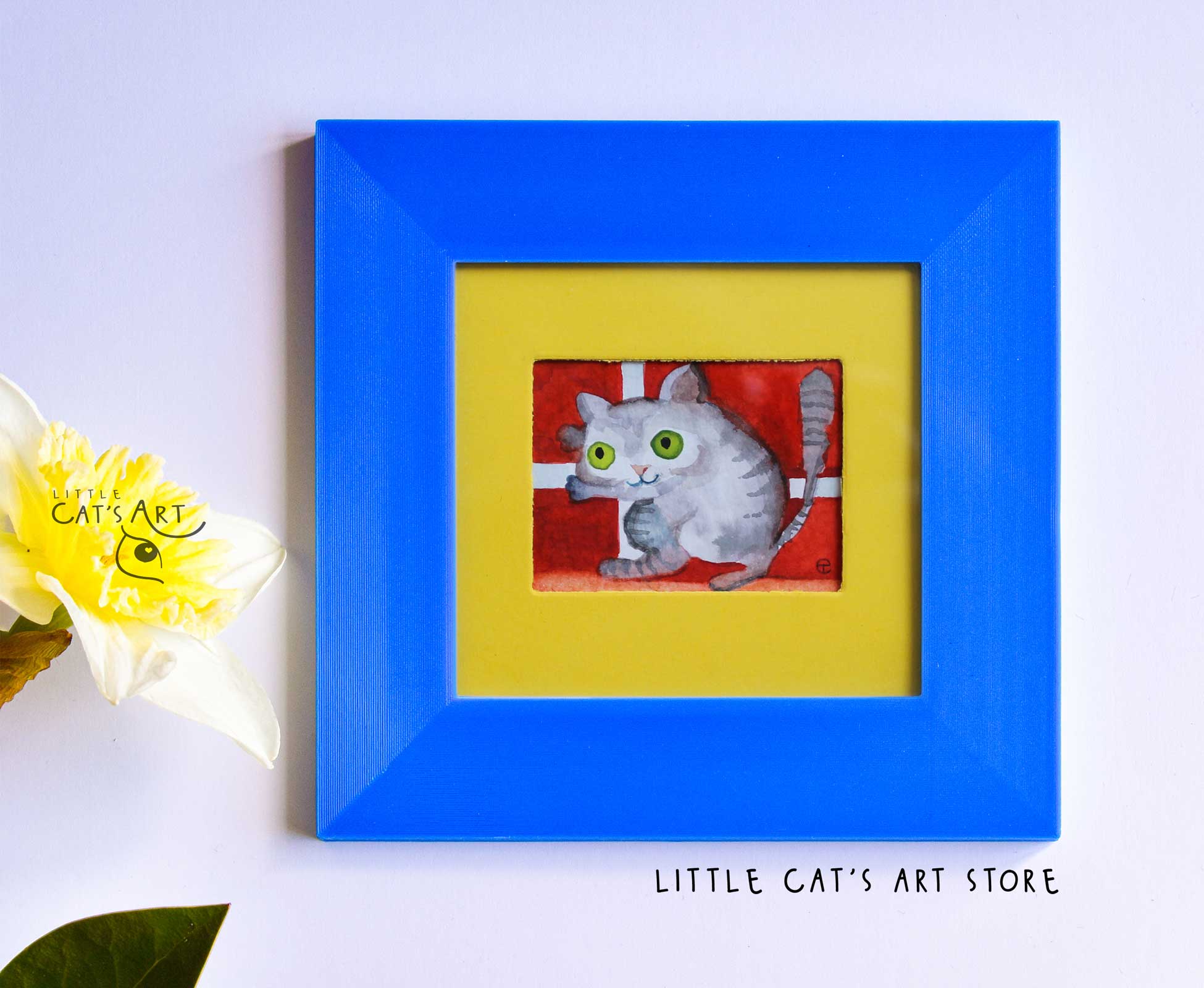 Danish flag & Dino cat watercolour painting