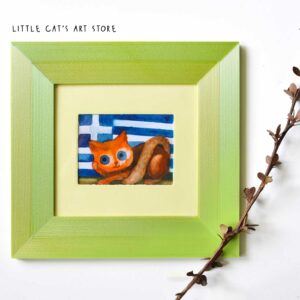 Greek flag and orange kitty watercolour miniature