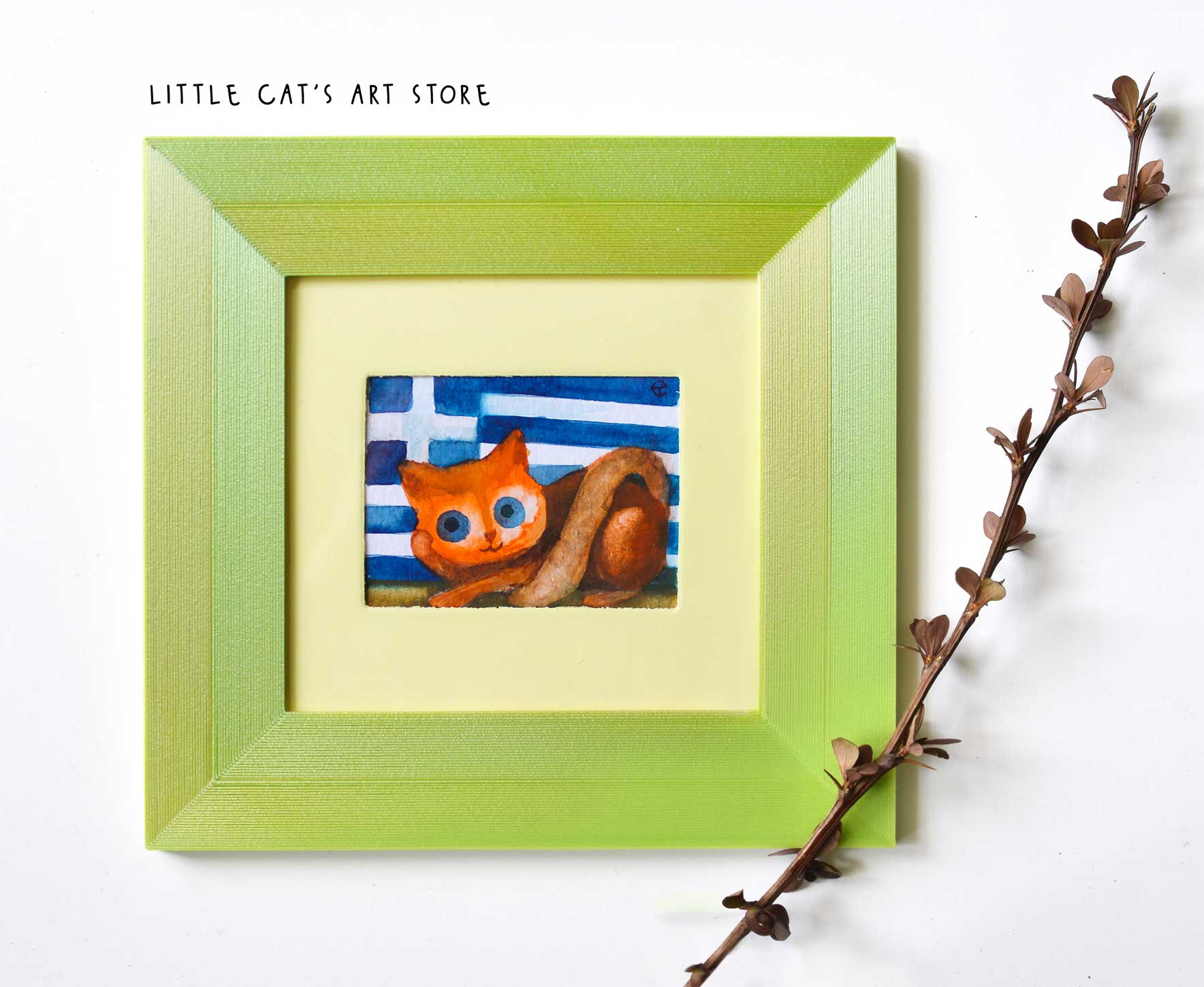 Greek flag and orange kitty watercolour miniature
