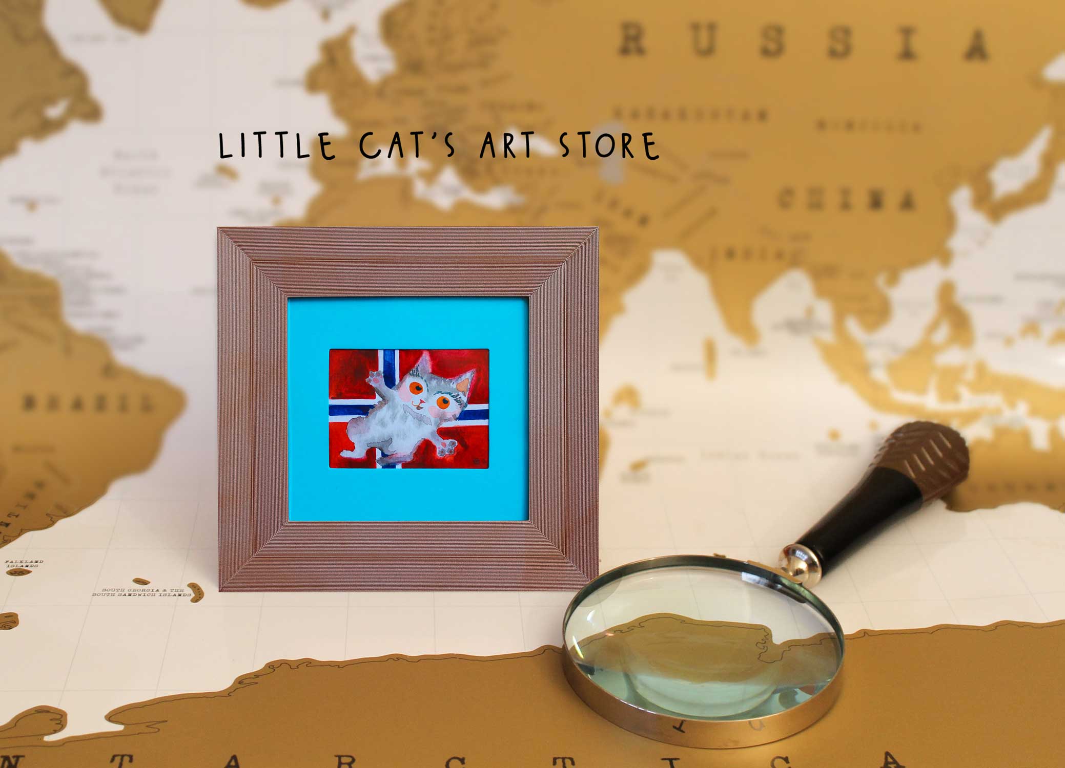 Norwegian flag & Cuddling fluffy kitty watercolour painting