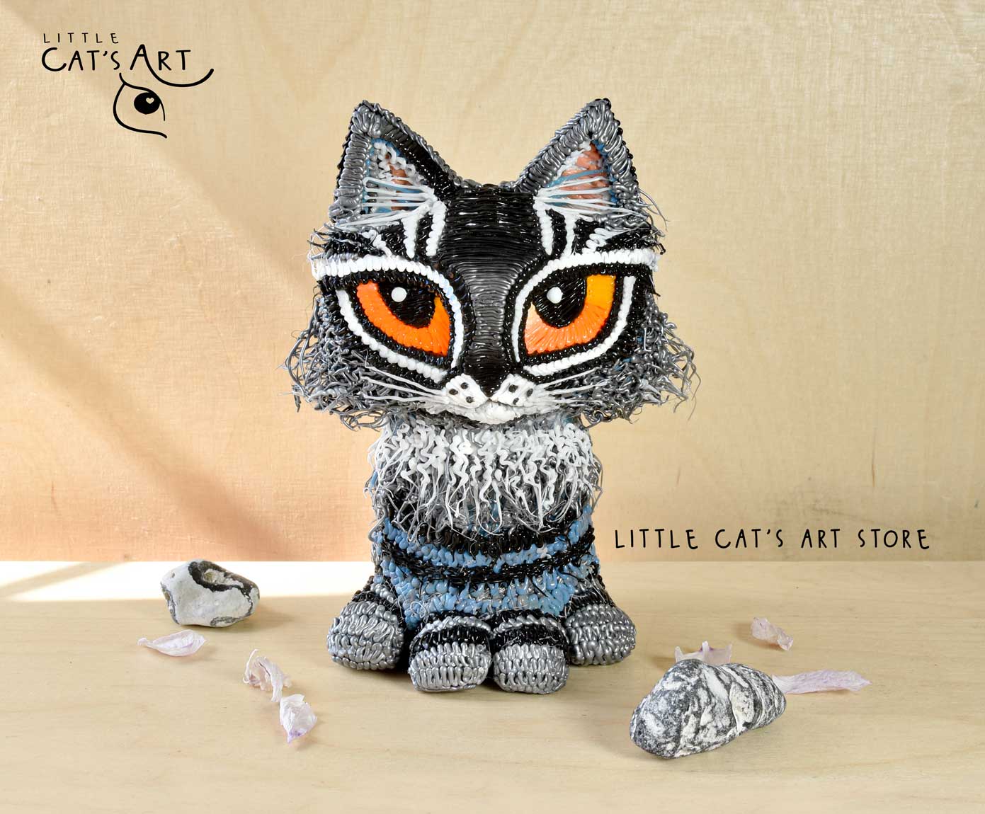 Fluffy longhair grey Maine Coon cat figurine