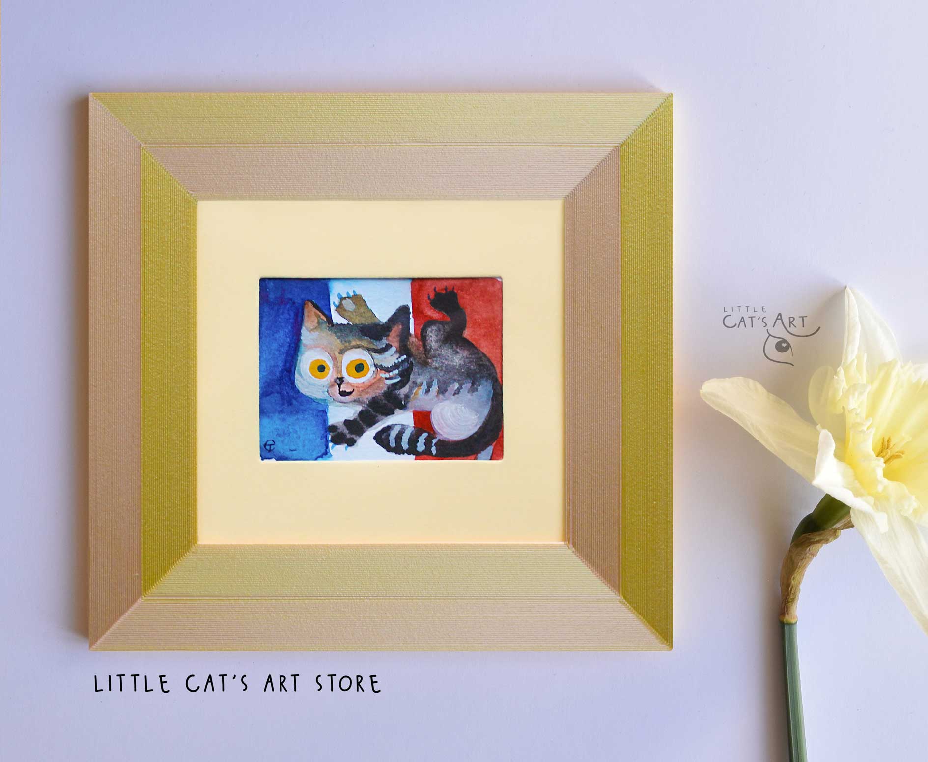 French flag and playful cat watercolour painting