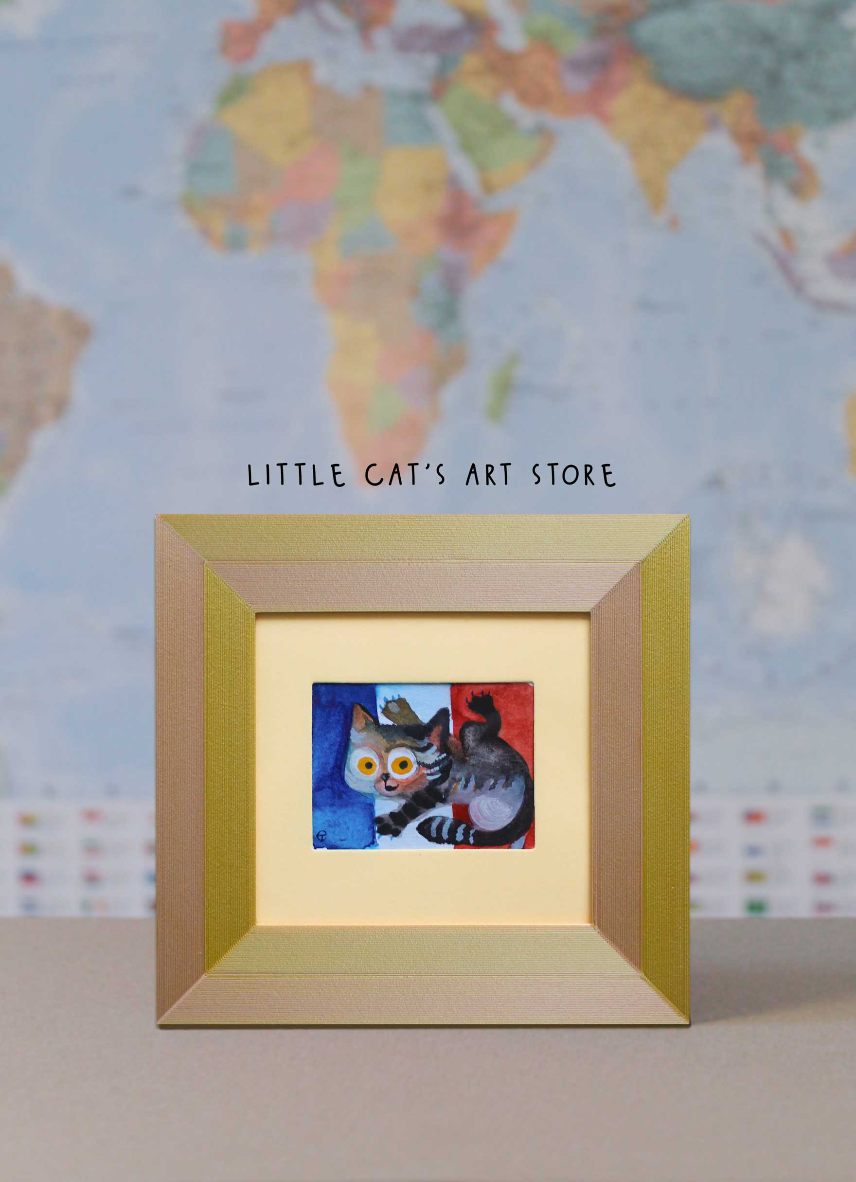French flag and playful cat watercolour painting