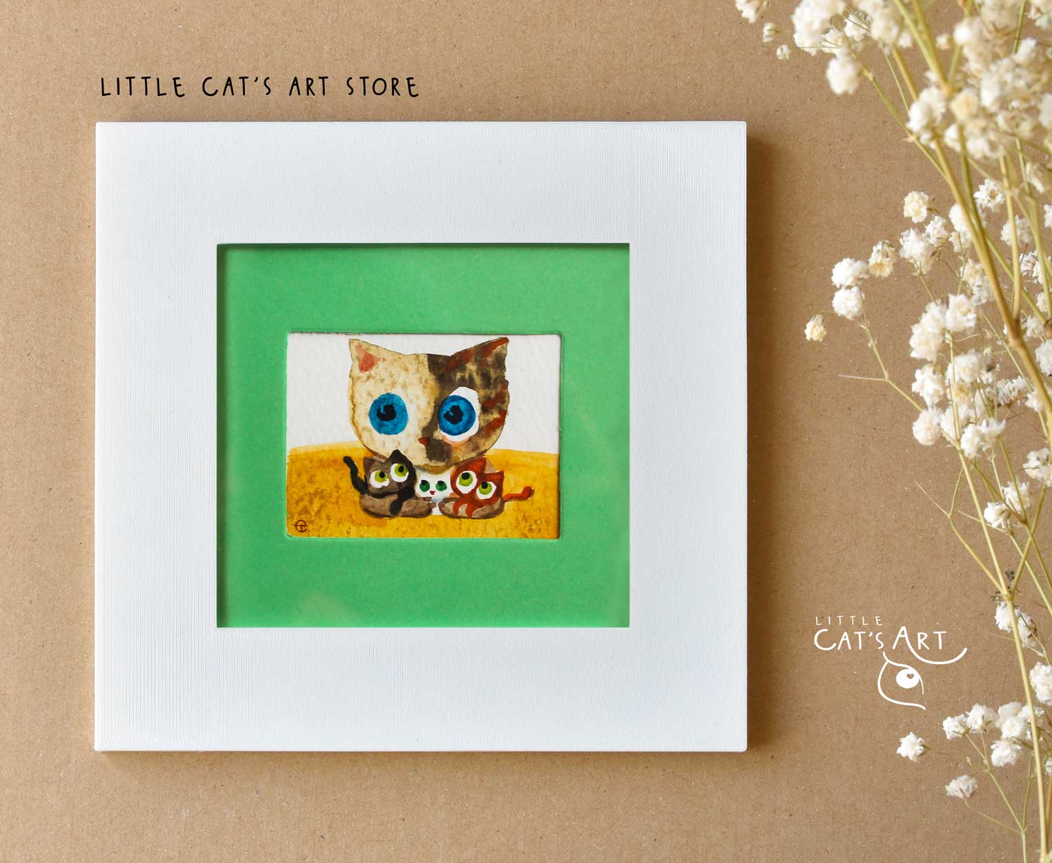 Venus face cat family watercolour painting