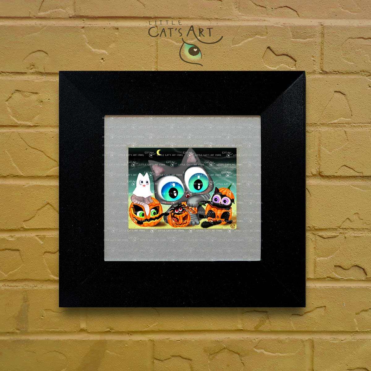 Happy Cat Halloween digital art print in black frame