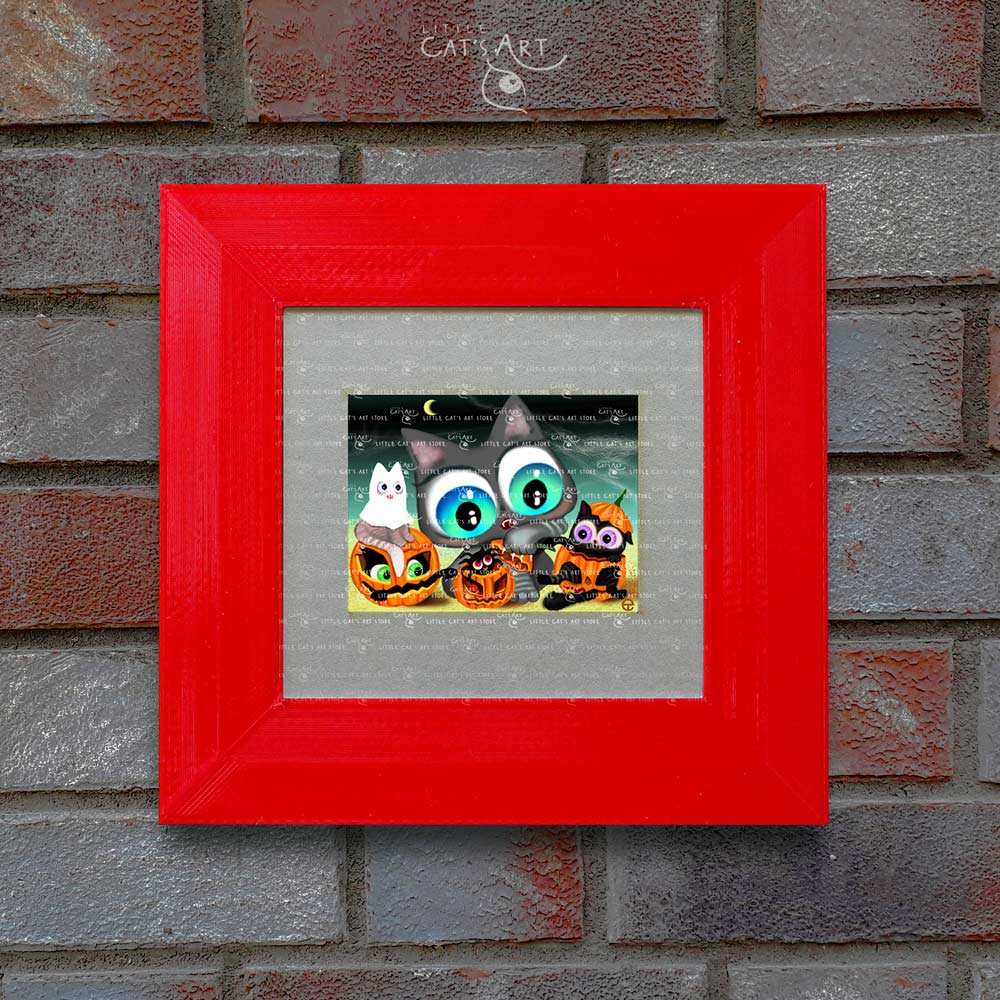 Happy Cat Halloween digital art print in red frame