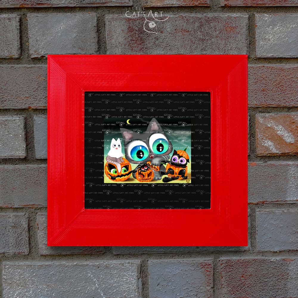 Happy Cat Halloween digital art print in red frame