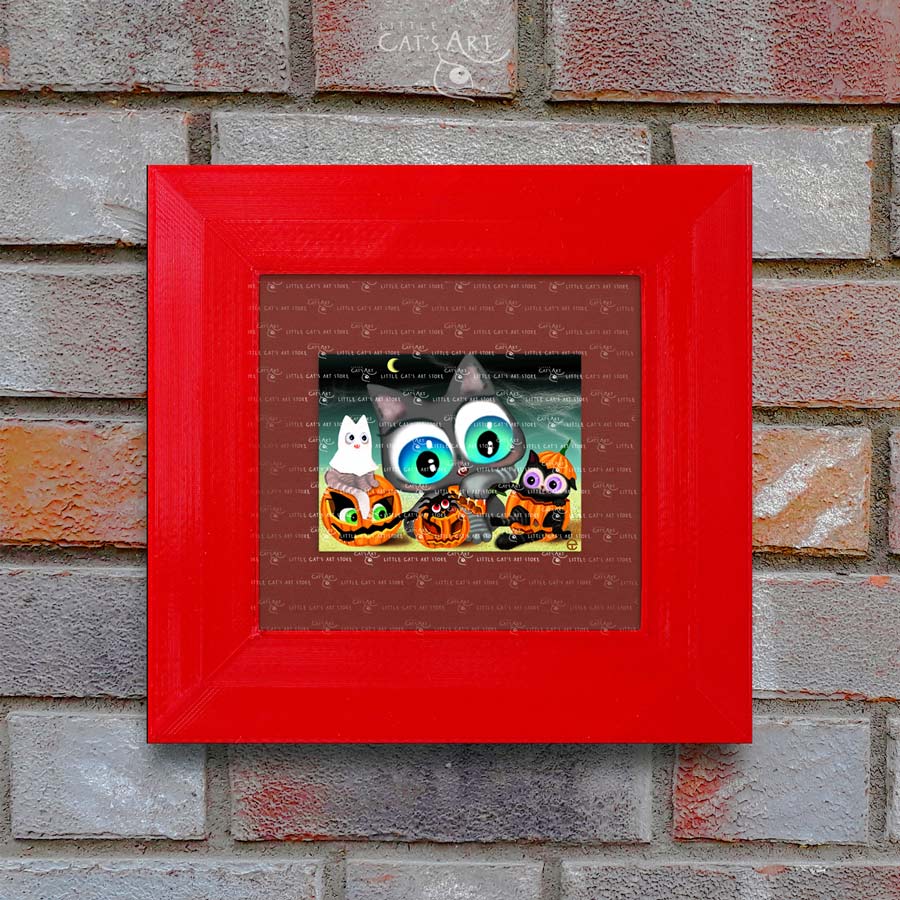 Happy Cat Halloween digital art print in red frame