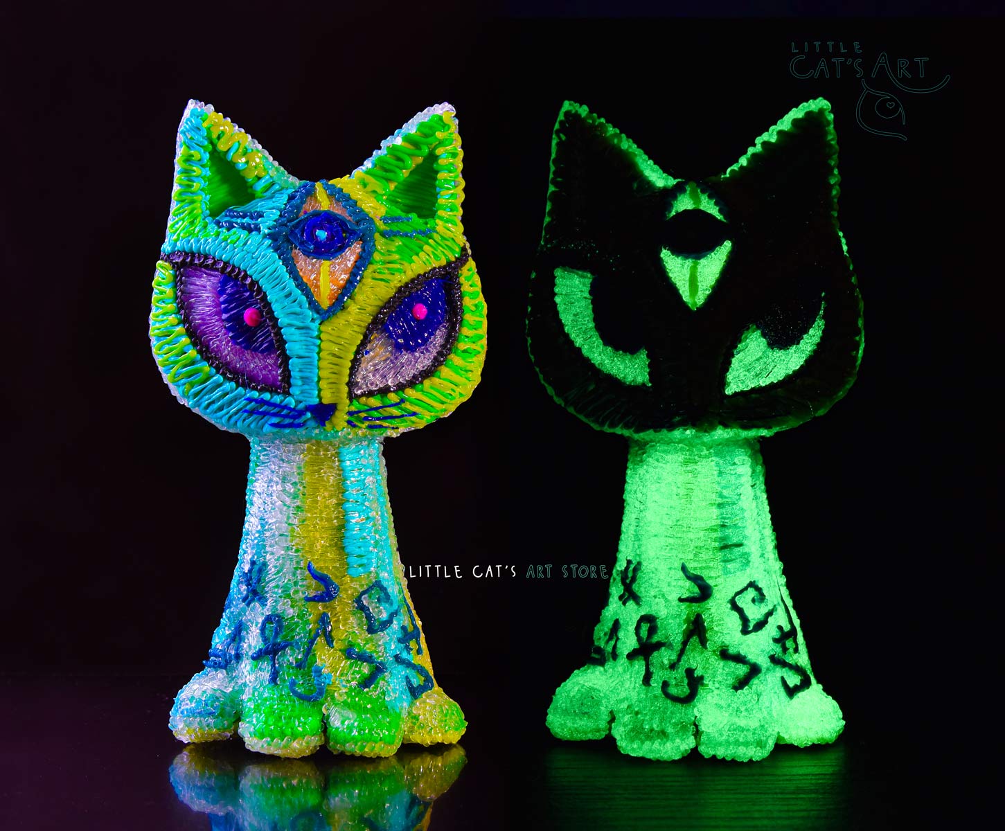 Mint green alien cat figurines day and night vision