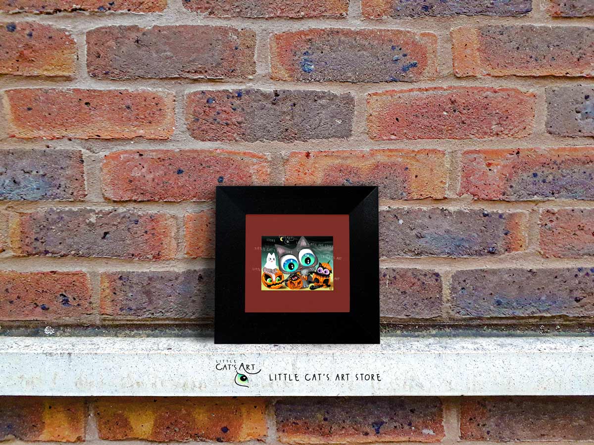 Happy Cat Halloween digital art print in black frame