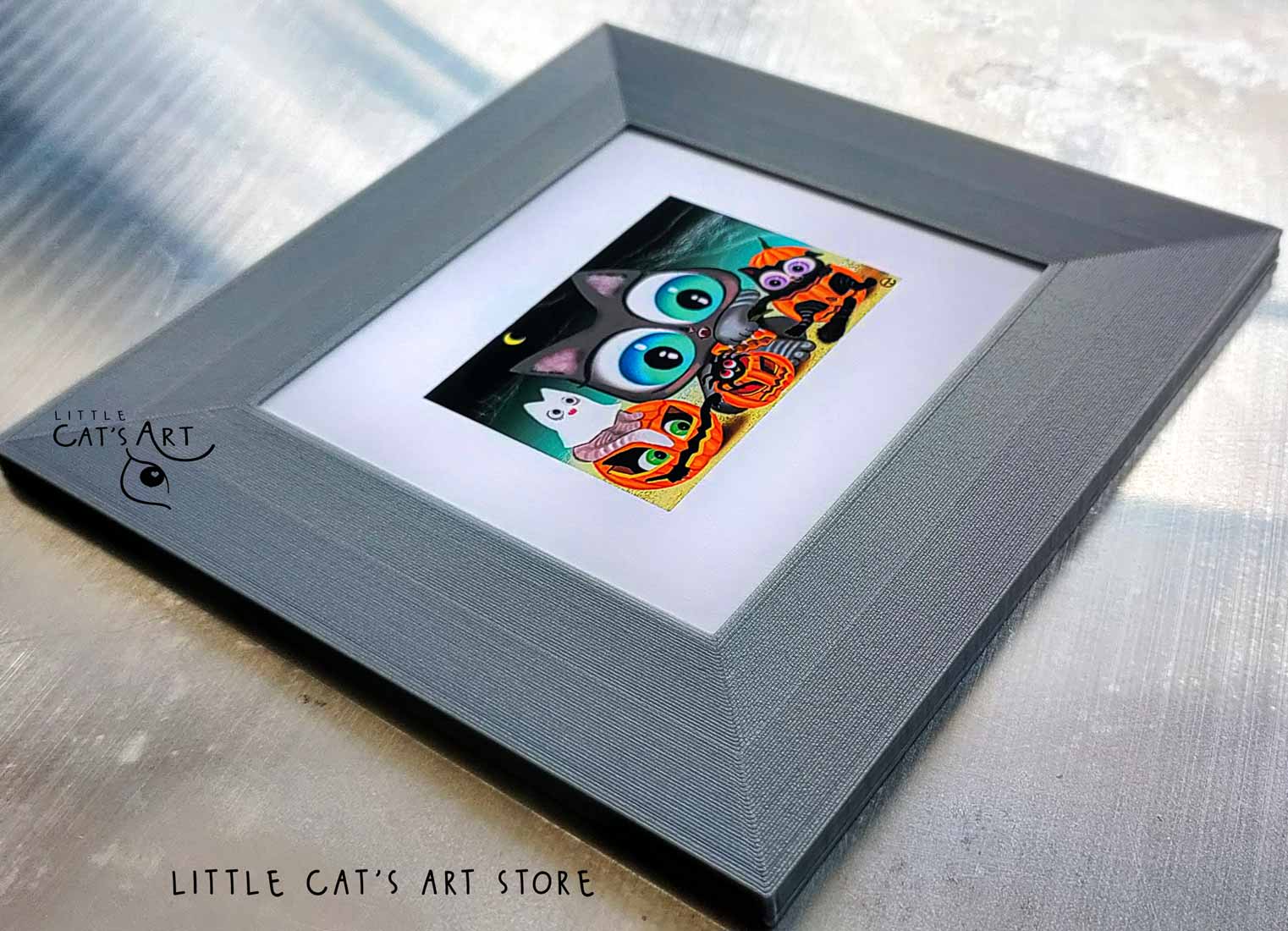 Happy Cat Halloween digital art print in black frame