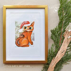 Abyssinian cat with Christmas hat portrait print