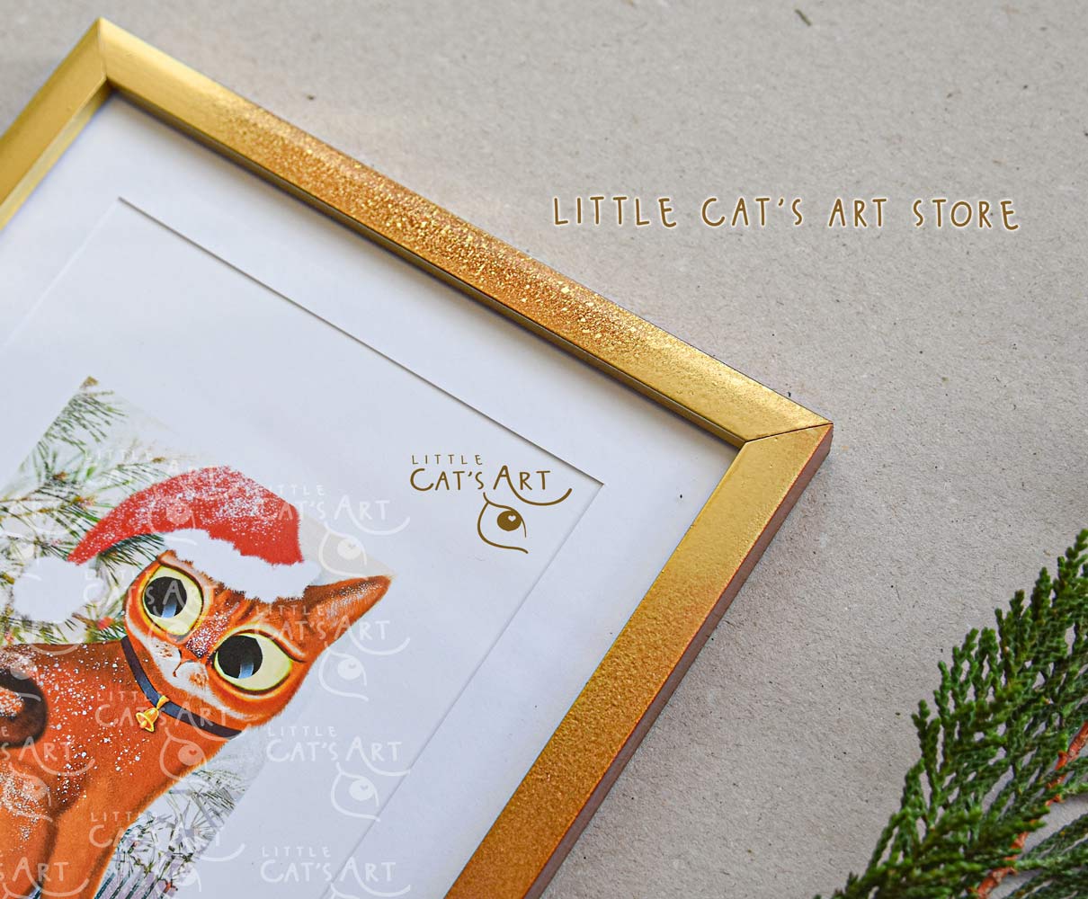 Abyssinian cat with Christmas hat portrait print