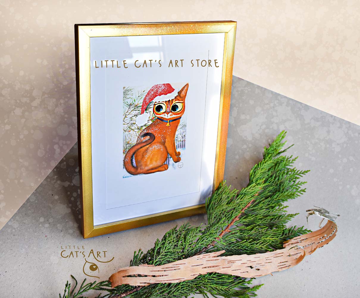 Abyssinian cat with Christmas hat portrait print