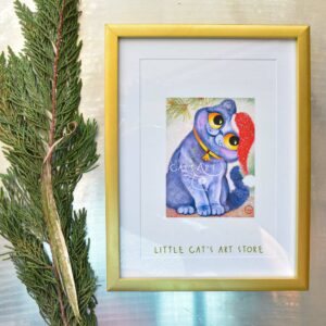Christmas British cat with Santa Claus hat painting print