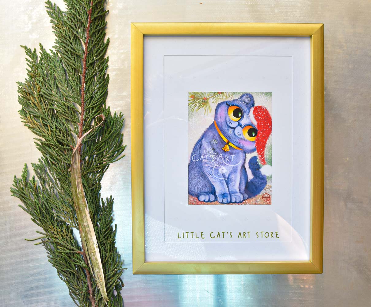 Christmas British cat with Santa Claus hat painting print