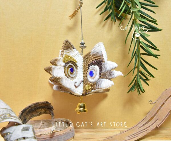 Gold white Ragdoll pine cone cat Christmas ornament