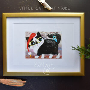 Christmas Black and white cat with blue bird portrait