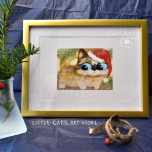 Sausage cat portrait with Santa's hat print in gold frame