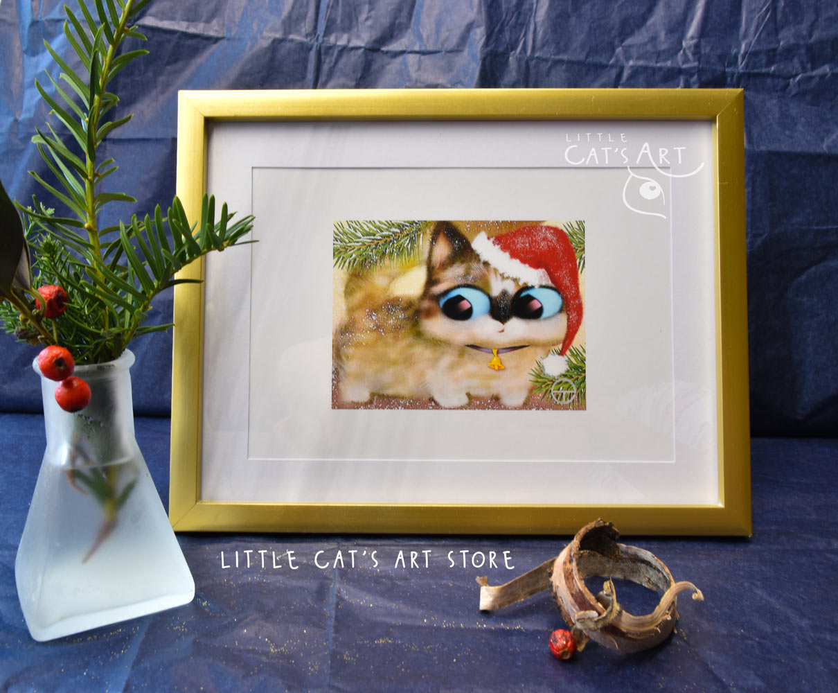 Sausage cat portrait with Santa's hat print in gold frame
