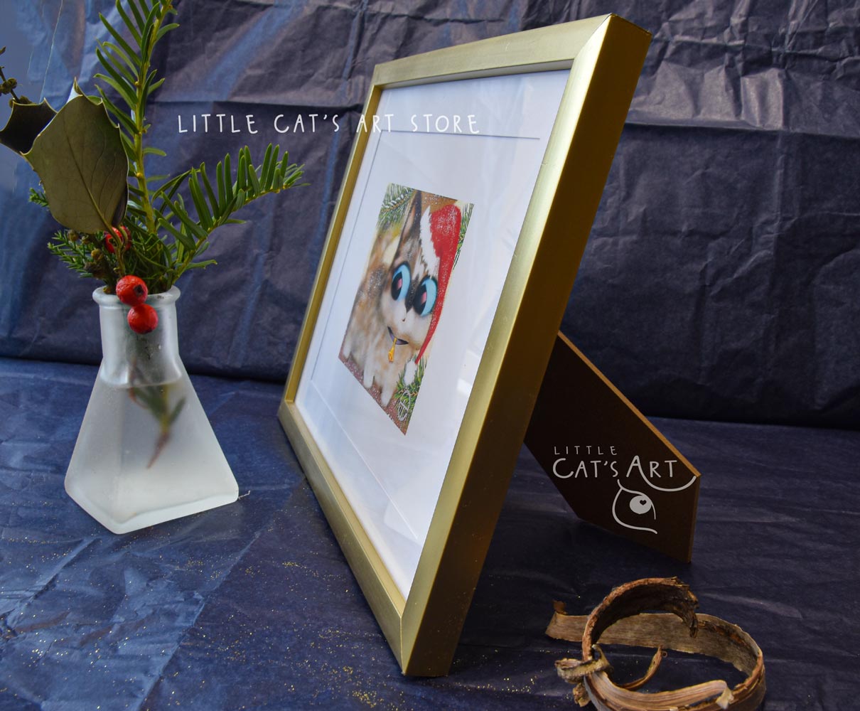 Sausage cat portrait with Santa's hat print in gold frame