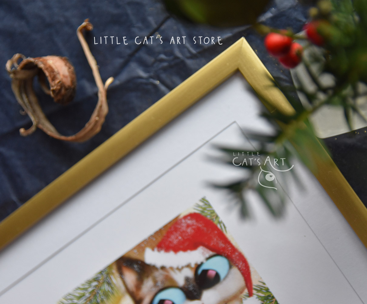 Sausage cat portrait with Santa's hat print in gold frame