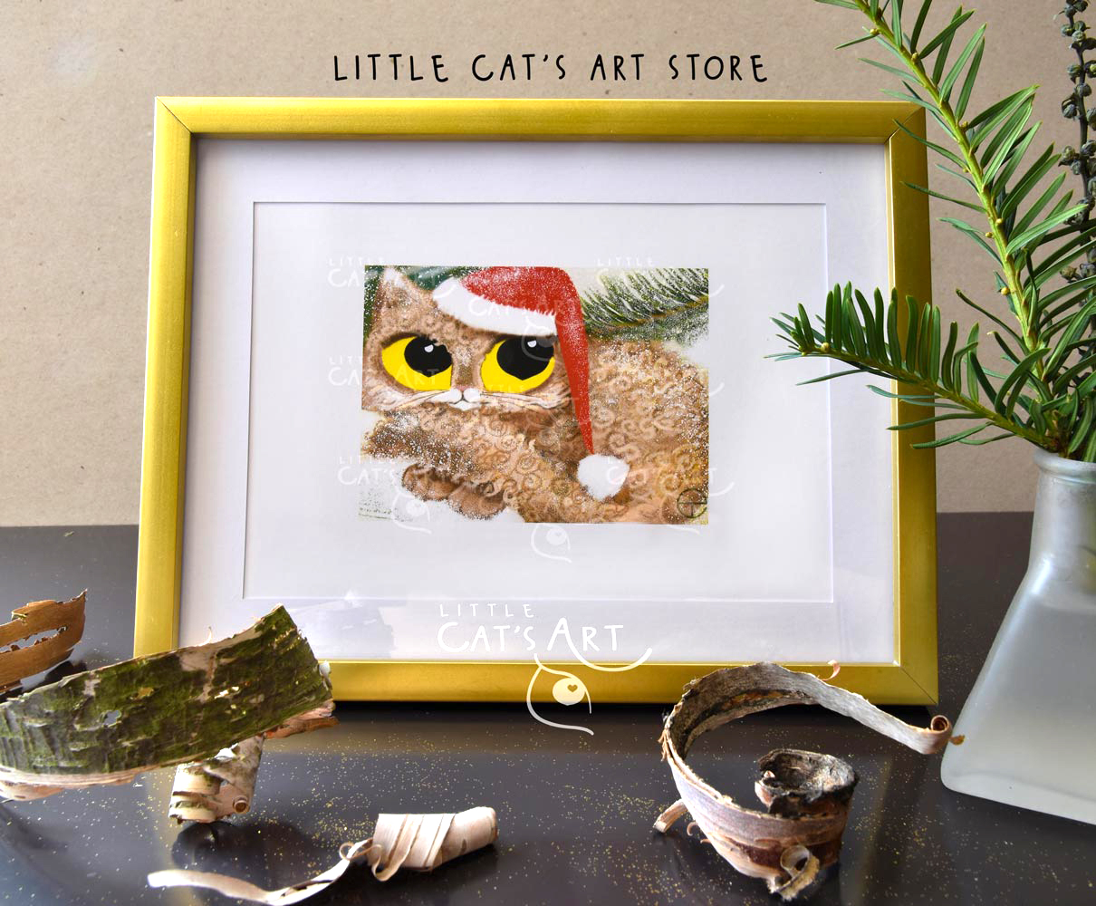 Selkirk Rex kitten with Santa hat portrait print