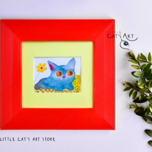 Blue cat and yellow flower watercolour painting