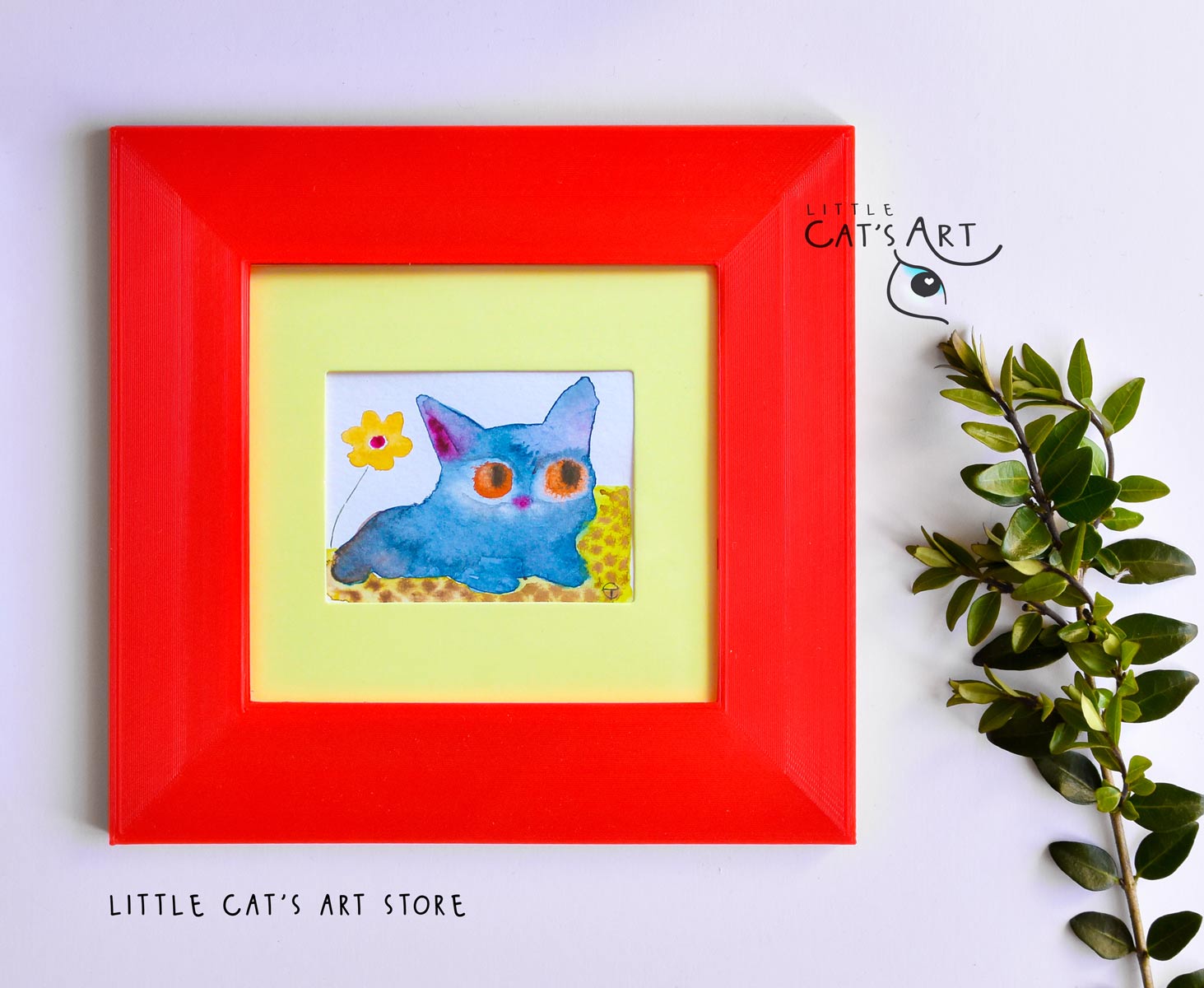 Blue cat and yellow flower watercolour painting