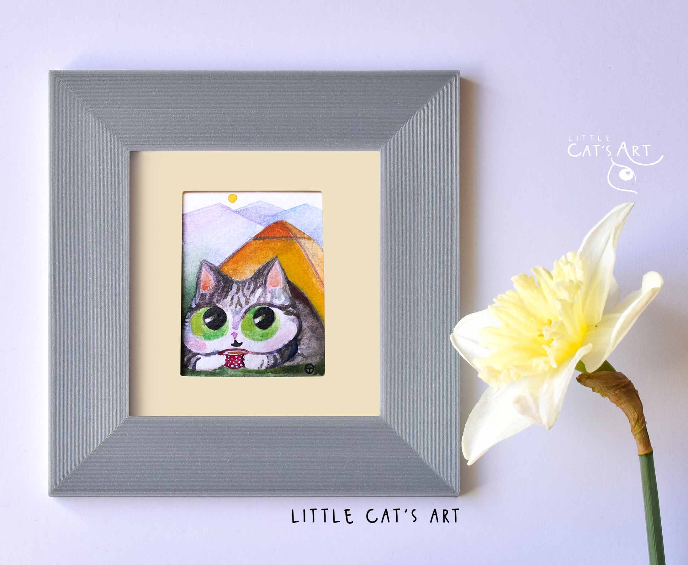 Camping tabby and white cat watercolour portrait