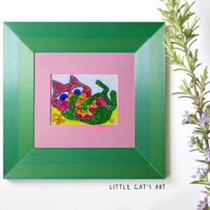 Pink-green shiny kitty cuddling Christmas cookies