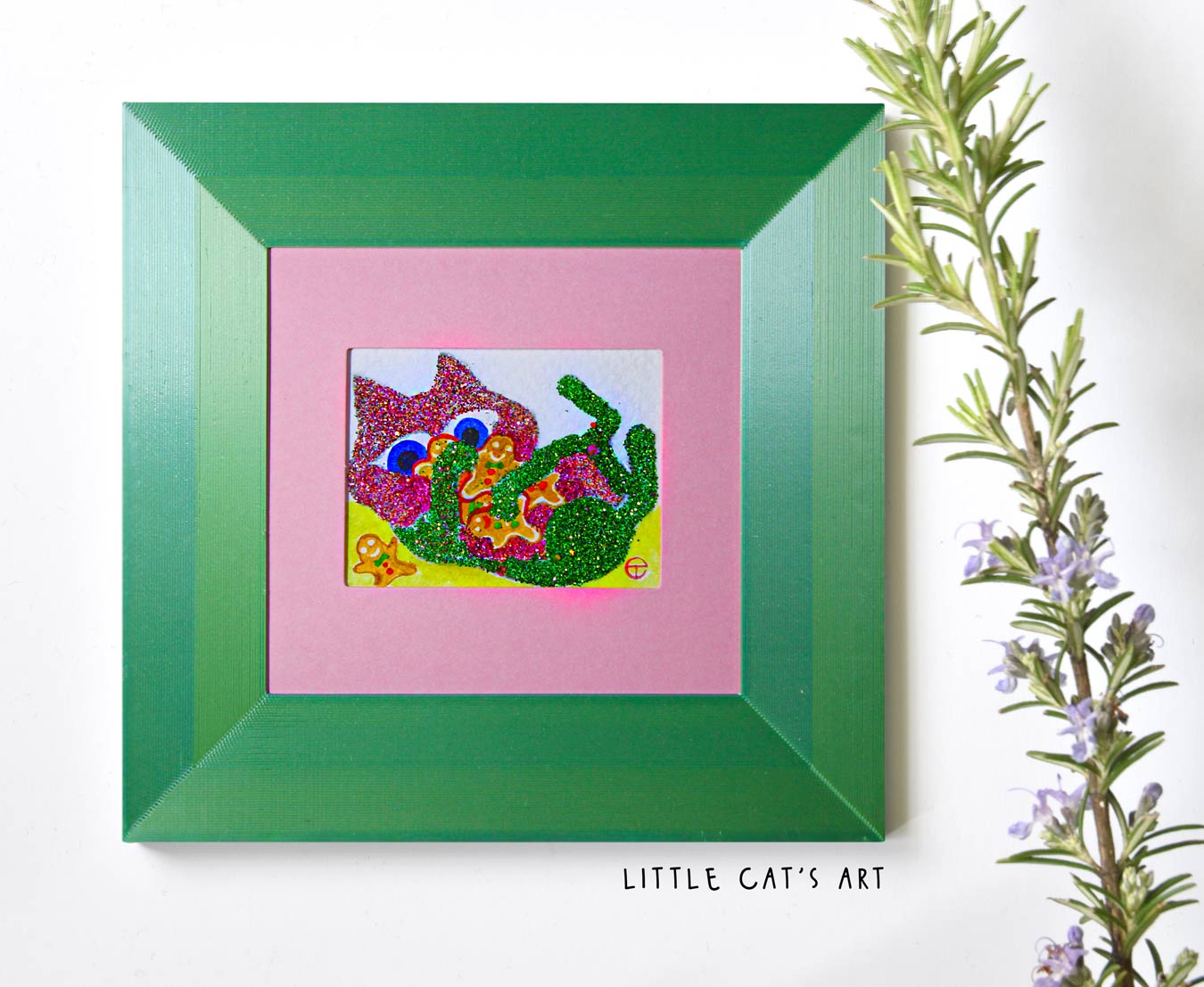 Pink-green shiny kitty cuddling Christmas cookies